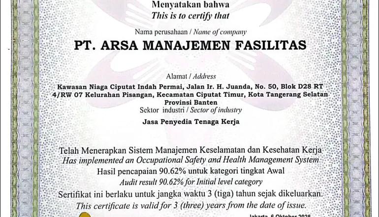 ARSA Indonesia Resmi Memperoleh Sertifikat SMK3 Nasional